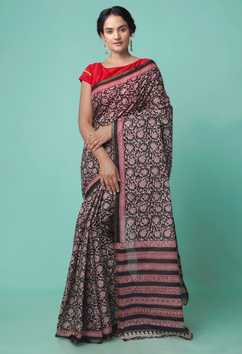 Black Pure Preet Bagru Cotton  Saree-UNM49853
