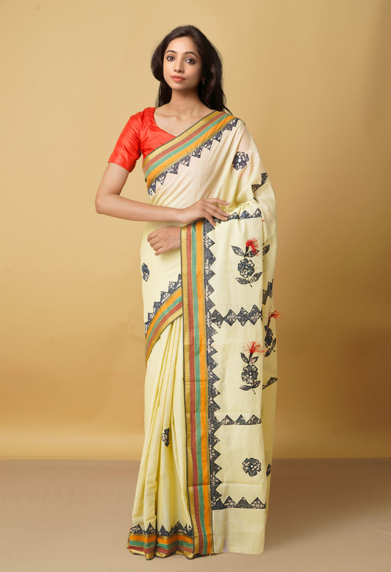 Ivory Pure Kalamkari Applique Kerala Cotton Saree-UNM50508