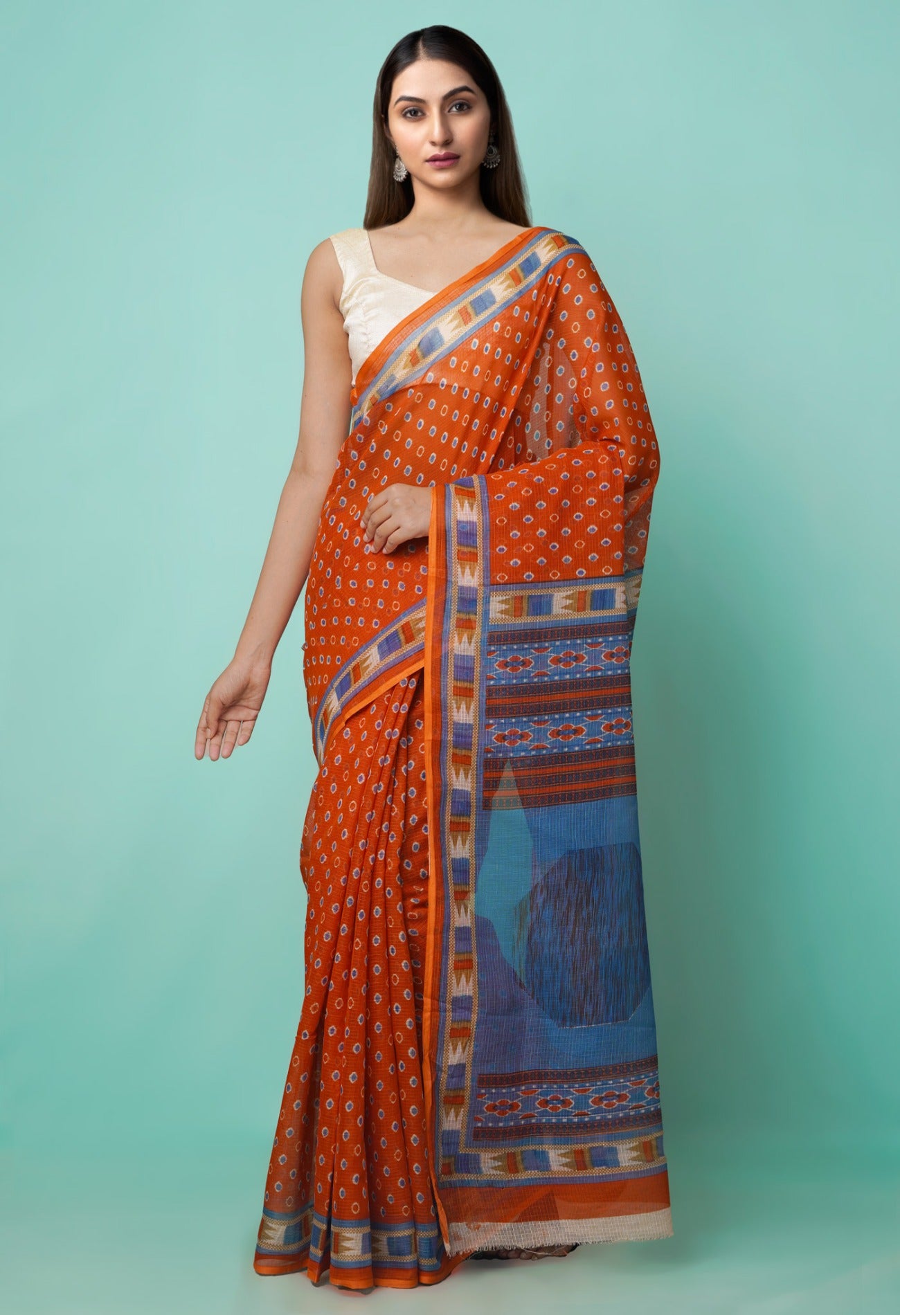 Online Shopping for Red Pure Hand Block Printed Kota Cotton Saree with Hand Block Prints from Rajasthan at Unnatisilks.comIndia
