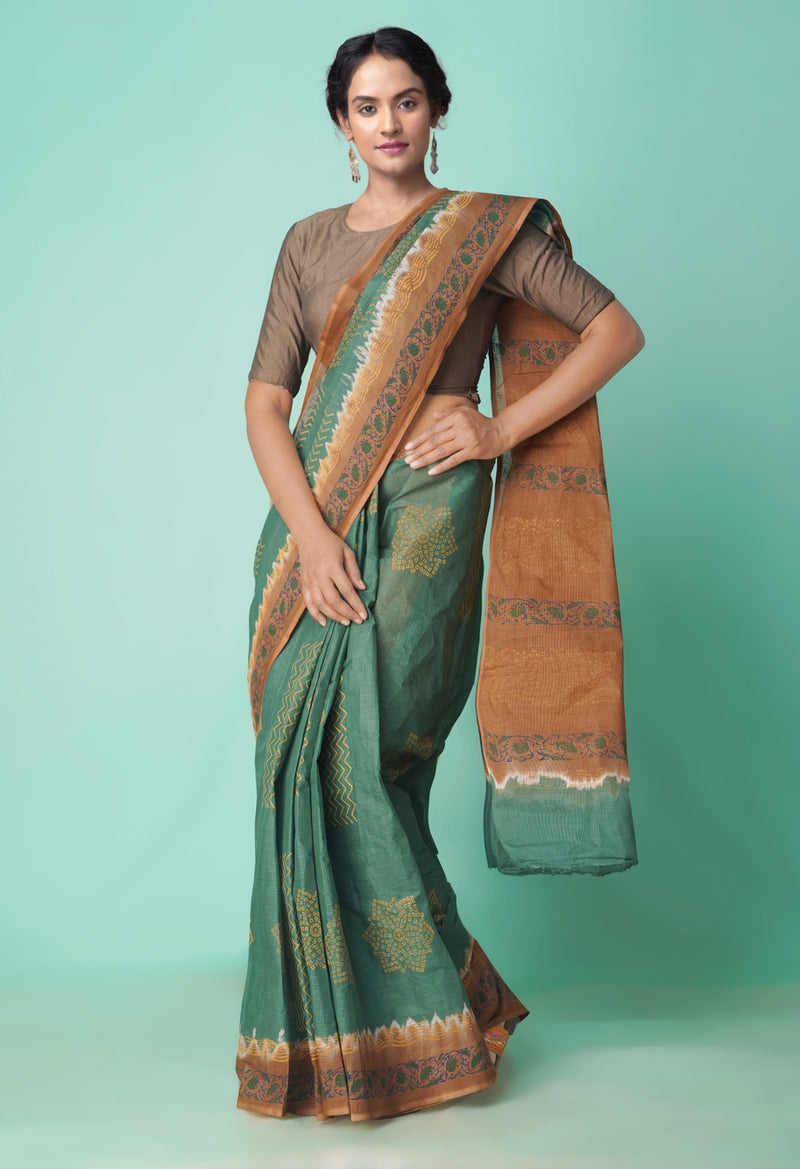Green Pure Hand Block Printed Kota Cotton Saree-UNM51497