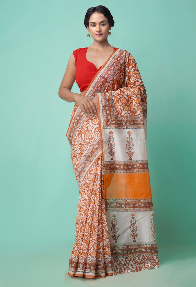 Online Shopping for Red Pure Block Printed Chanderi Sico Saree with Hand Block Prints from Madhya Pradesh at Unnatisilks.comIndia
