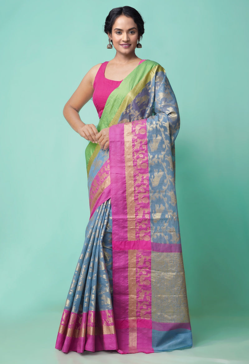 Online Shopping for Blue Pure Kota  Banarasi Saree with Weaving from Rajasthan at Unnatisilks.comIndia
