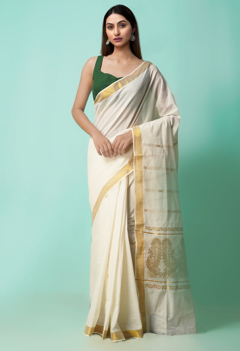 Online Shopping for Ivory Pure Kerala Kasavu Cotton Saree with Weaving from Kerala at Unnatisilks.comIndia
