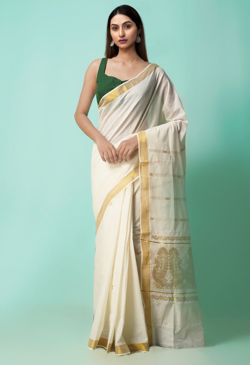 Online Shopping for Ivory Pure Kerala Kasavu Cotton Saree with Weaving from Kerala at Unnatisilks.comIndia
