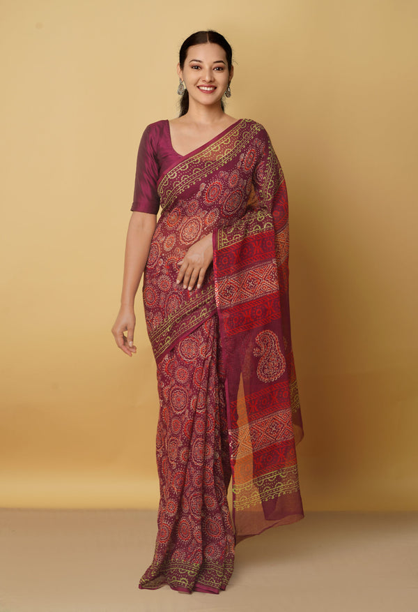 Burgundy Pure Preet Napthol Kota Cotton Saree-UNM53924