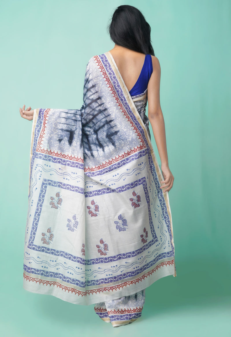 Online Shopping for Ivory  Shibori Chanderi Sico Saree with Hand Block Prints from Andhra Pradesh at Unnatisilks.comIndia
