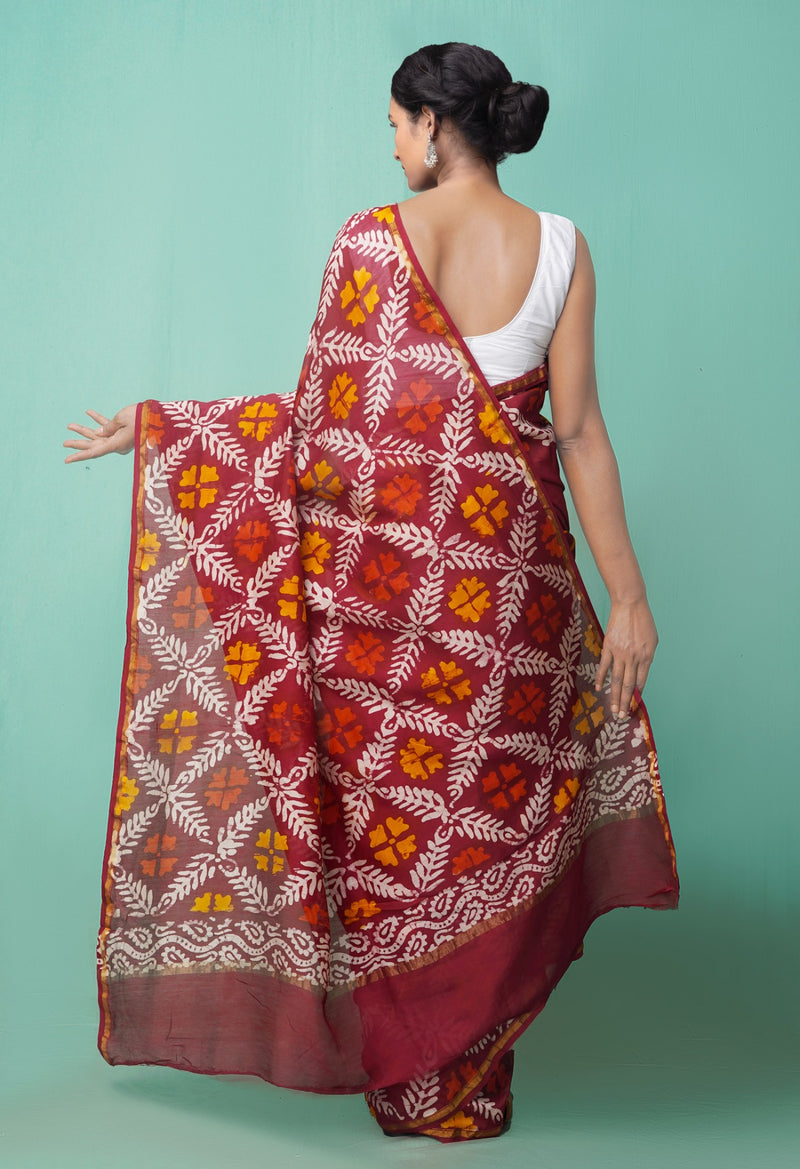 Online Shopping for Red Pure Batik Chanderi Sico Saree with Batik from Madhya Pradesh at Unnatisilks.comIndia
