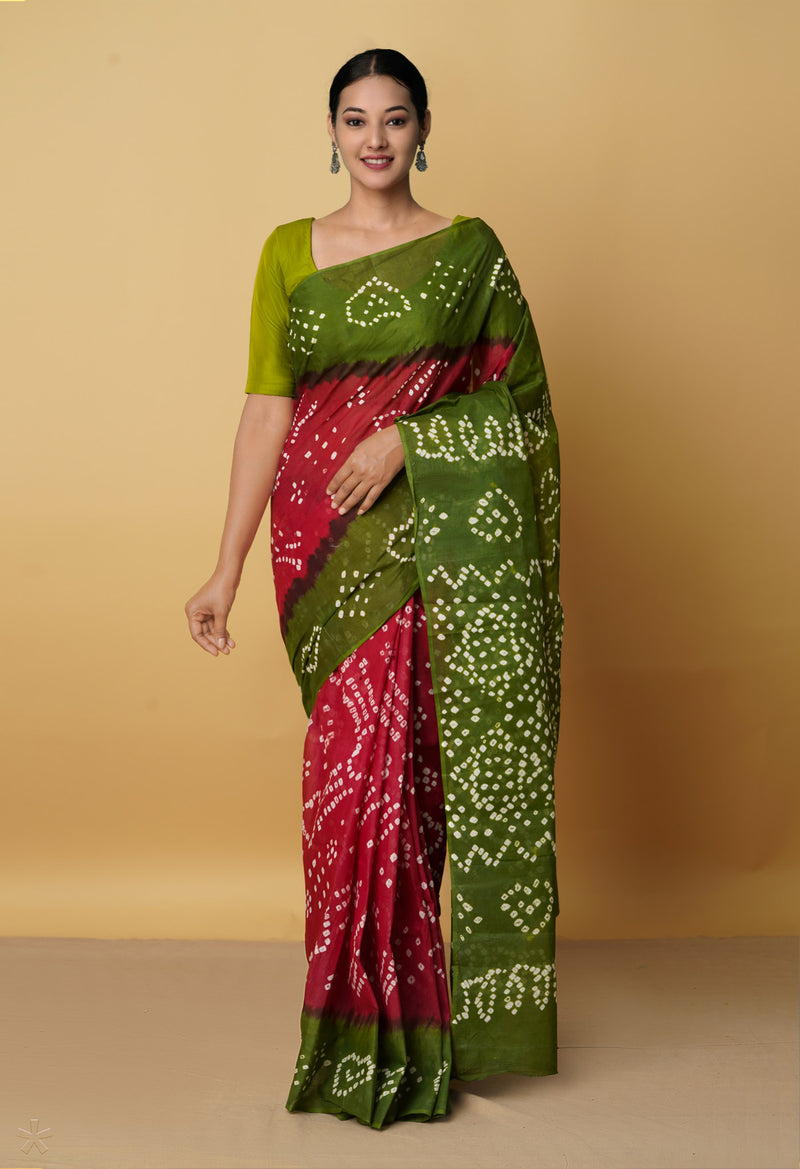 Maroon Pure Bandhani Cotton Saree-UNM56091