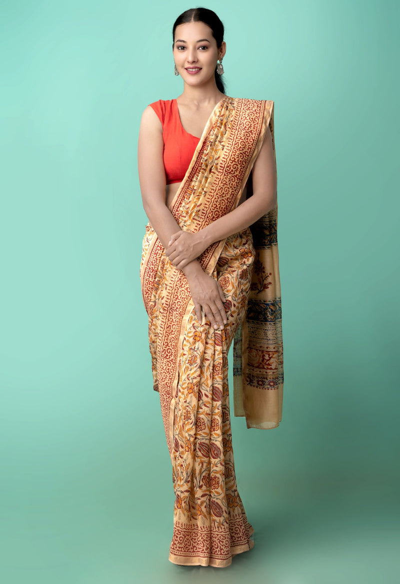 Brown Pure Preet Bagru Chanderi Sico Saree-unm56263