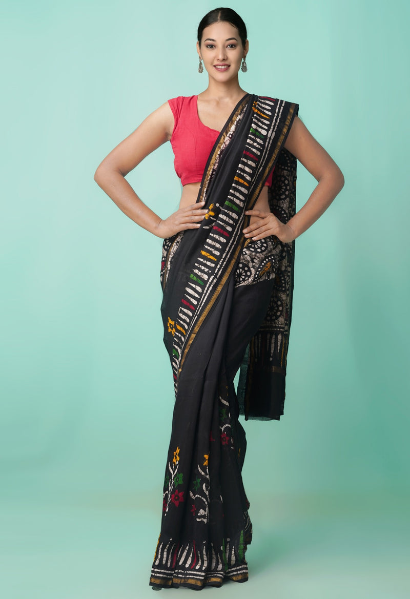 Black Pure Batik Chanderi Sico Saree-unm57150