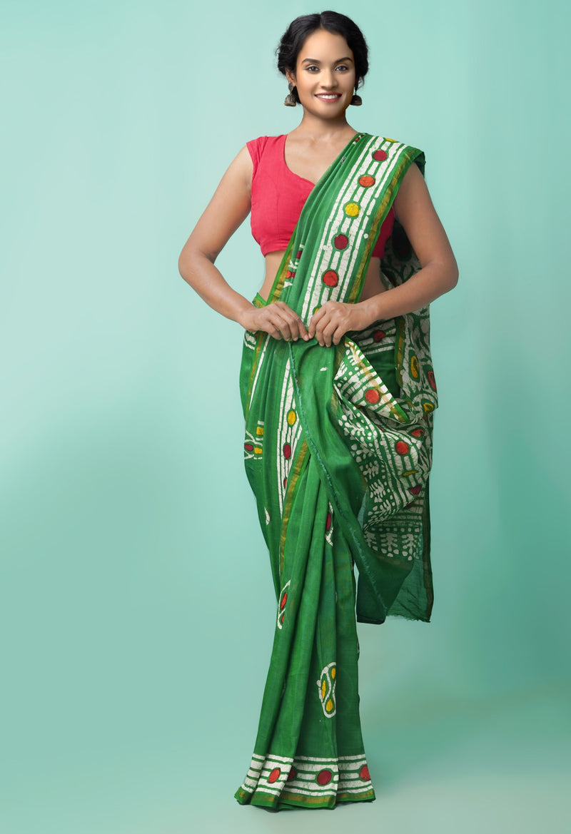 Green Pure Batik Chanderi Sico Saree-unm57157