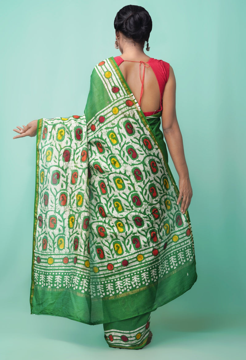 Online Shopping for Green Pure Batik Chanderi Sico Saree with Batik from Madhya Pradesh at Unnatisilks.comIndia
