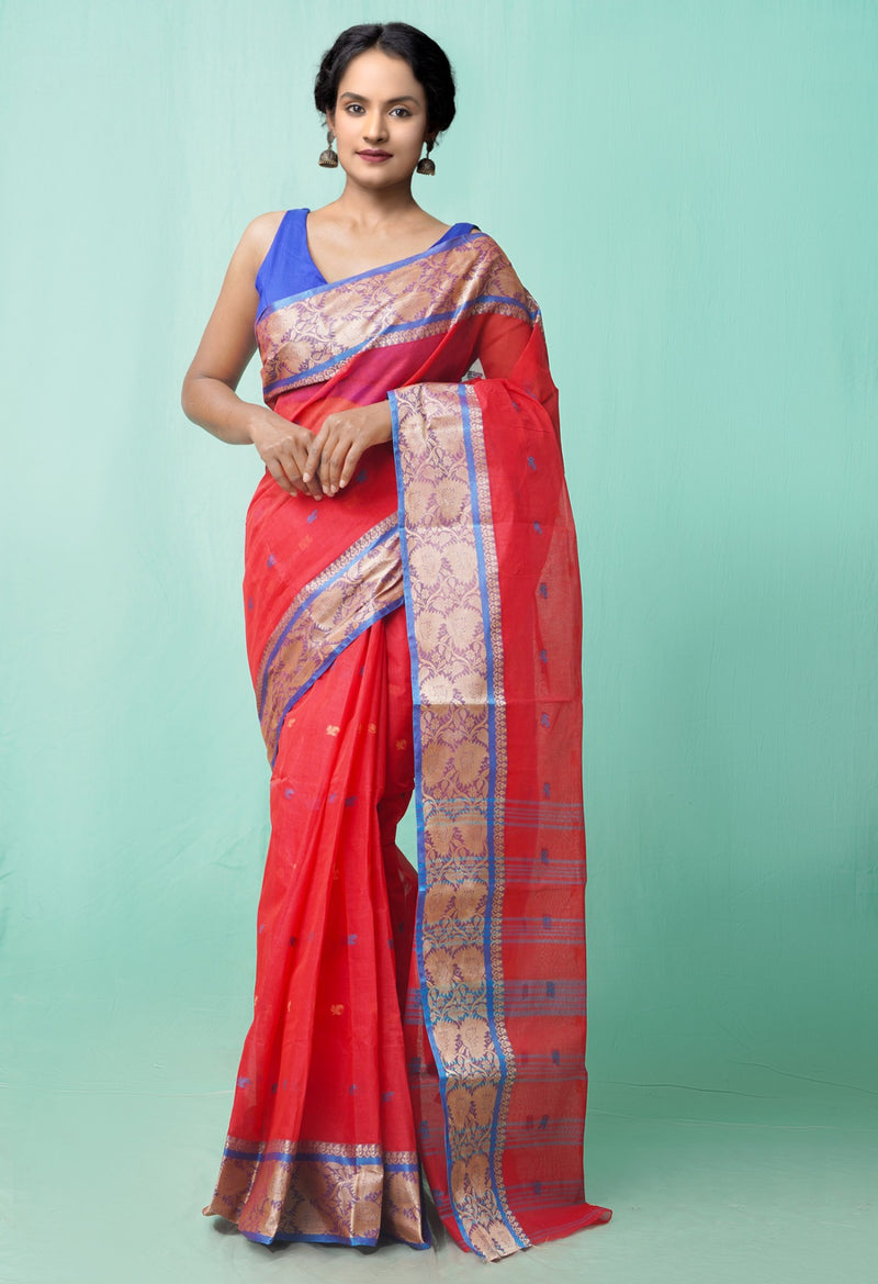 Red Pure Handloom Bengal Tant Cotton Saree-UNM58022