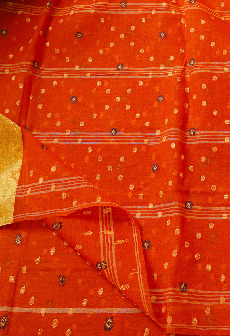 Orange Pure Handloom Bengal Tant Cotton Saree-UNM58075