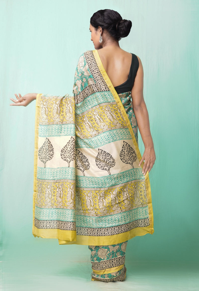 Online Shopping for Green Pure Preet Bagru Chanderi Sico Saree with Bagru from Madhya Pradesh at Unnatisilks.comIndia
