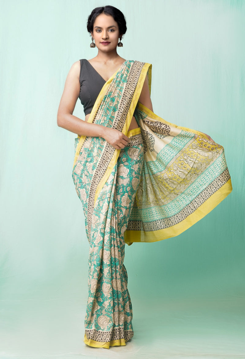 Online Shopping for Green Pure Preet Bagru Chanderi Sico Saree with Bagru from Madhya Pradesh at Unnatisilks.comIndia
