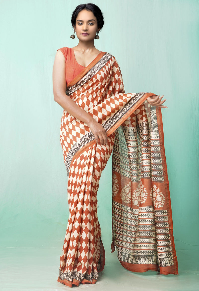 Online Shopping for Red Pure Preet Bagru Chanderi Sico Saree with Bagru from Madhya Pradesh at Unnatisilks.comIndia
