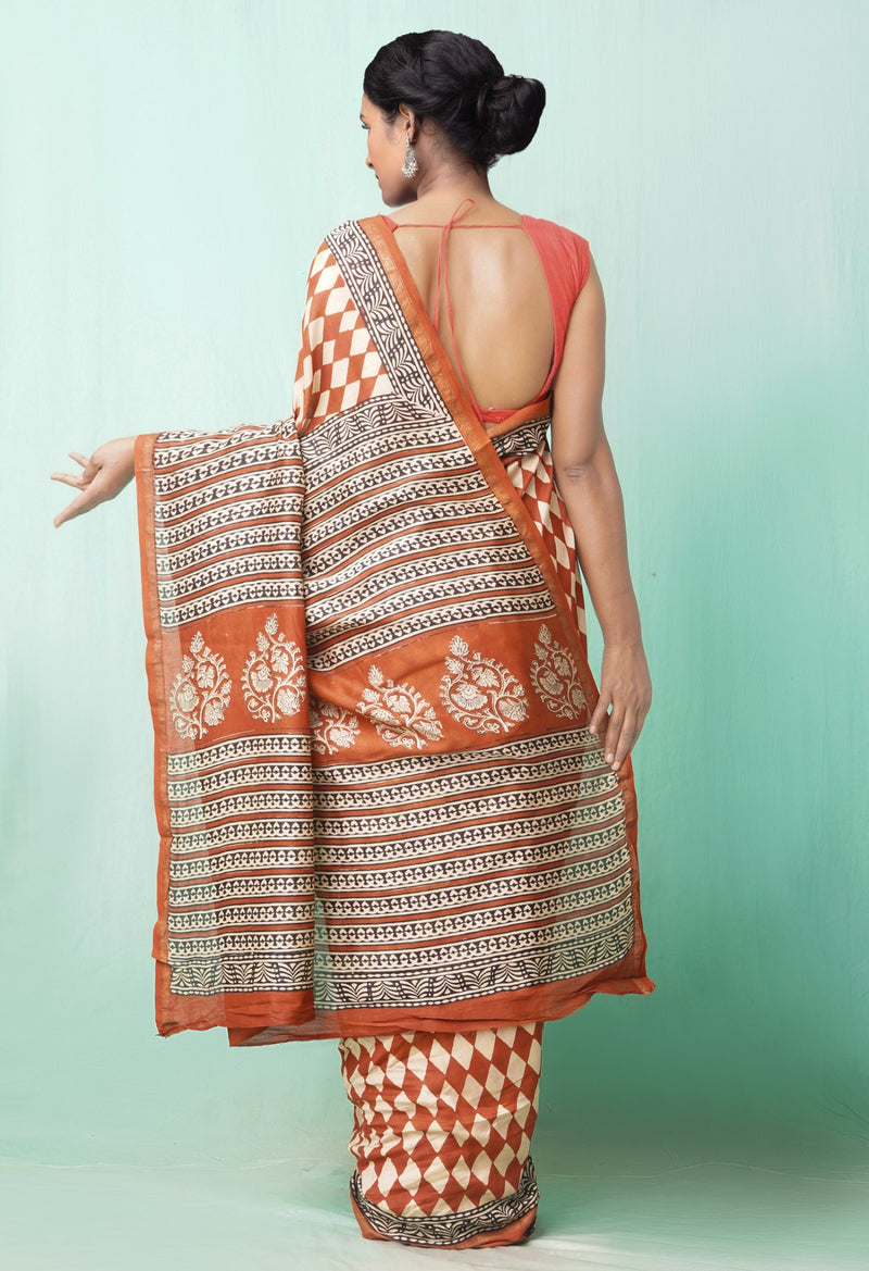 Online Shopping for Red Pure Preet Bagru Chanderi Sico Saree with Bagru from Madhya Pradesh at Unnatisilks.comIndia
