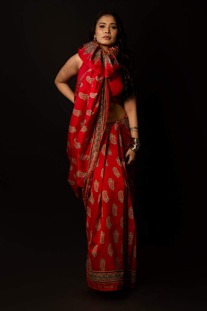 Online Shopping for Red Pure Ajrakh Chanderi Sico Saree with Ajrakh from Madhya Pradesh at Unnatisilks.comIndia