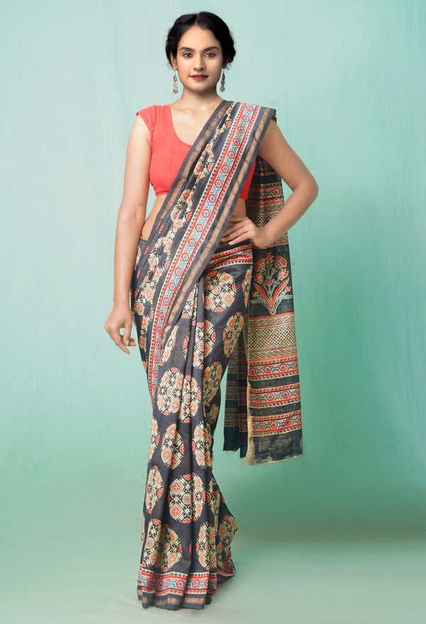 Black Pure Ajrakh Chanderi Sico Saree-UNM58898