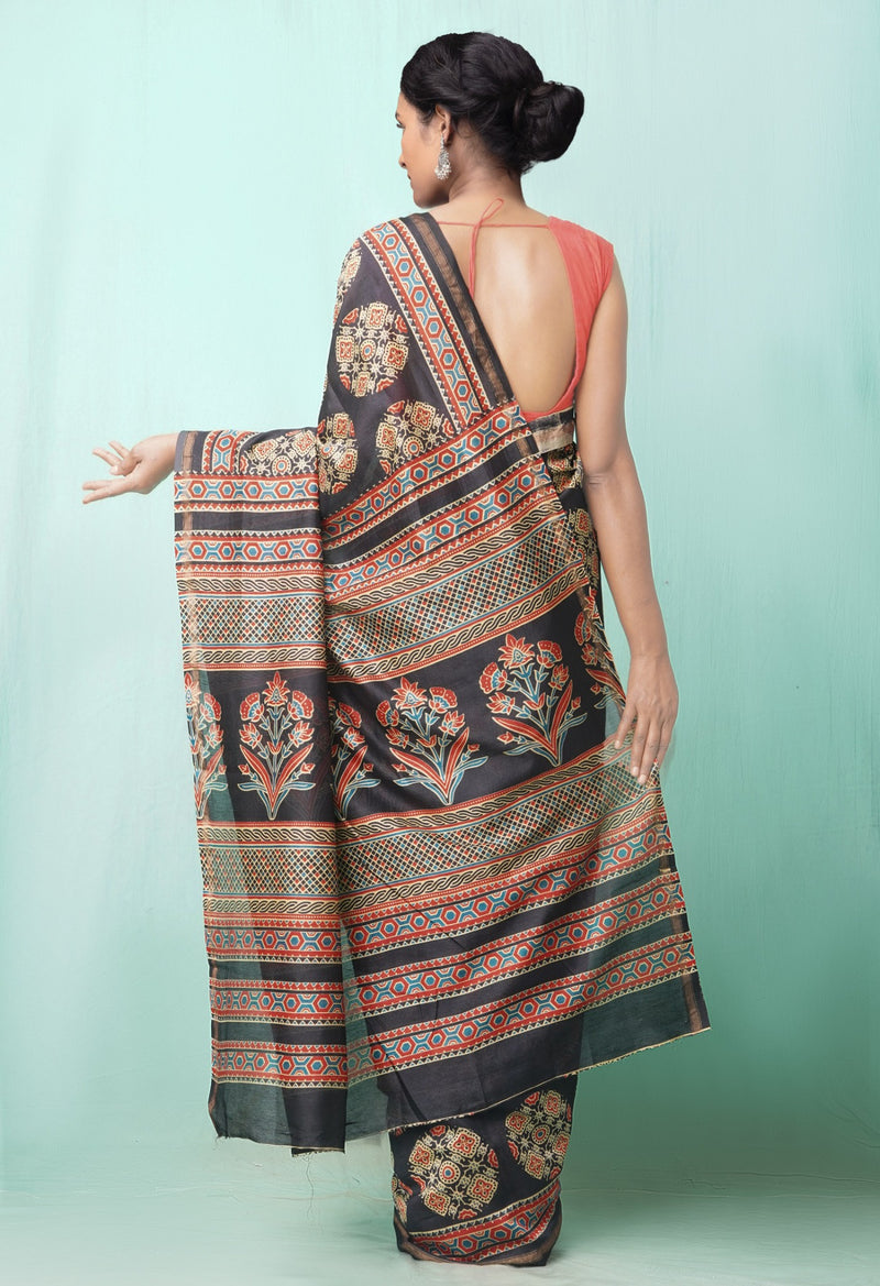 Online Shopping for Black Pure Ajrakh Chanderi Sico Saree with Ajrakh from Madhya Pradesh at Unnatisilks.comIndia
