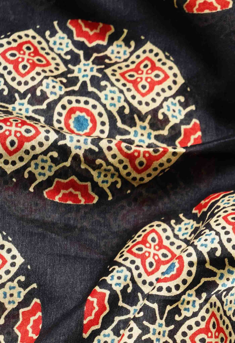 Online Shopping for Black Pure Ajrakh Chanderi Sico Saree with Ajrakh from Madhya Pradesh at Unnatisilks.comIndia
