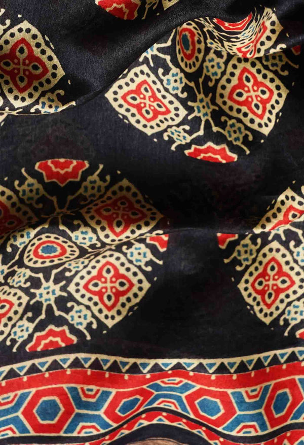 Black Pure Ajrakh Chanderi Sico Saree-UNM58898