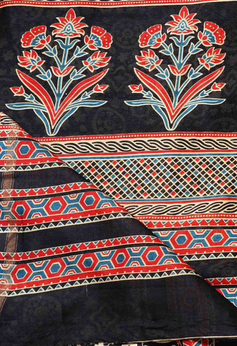 Online Shopping for Black Pure Ajrakh Chanderi Sico Saree with Ajrakh from Madhya Pradesh at Unnatisilks.comIndia
