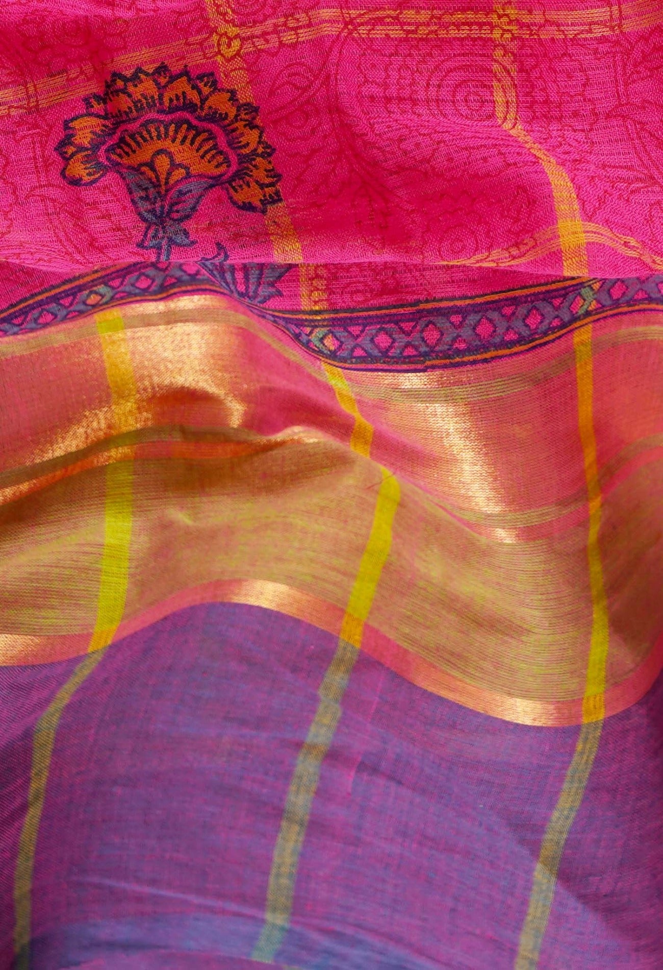 Pink Pure Hand Block Printed Mangalagiri Cotton Saree-unm59012