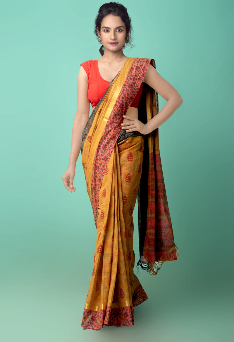 Online Shopping for Yellow Pure Hand Block Printed Mangalagiri Cotton Saree with Hand Block Prints from Andhra Pradesh at Unnatisilks.comIndia
