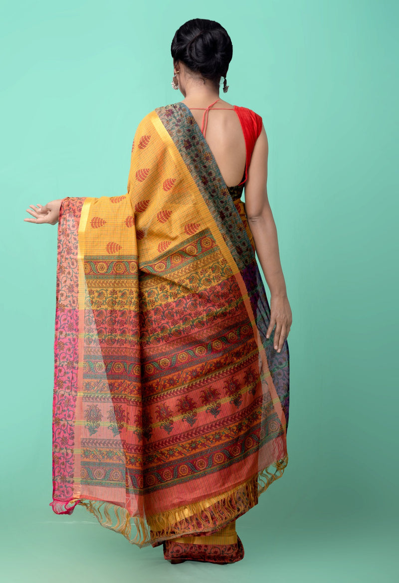 Online Shopping for Yellow Pure Hand Block Printed Mangalagiri Cotton Saree with Hand Block Prints from Andhra Pradesh at Unnatisilks.comIndia
