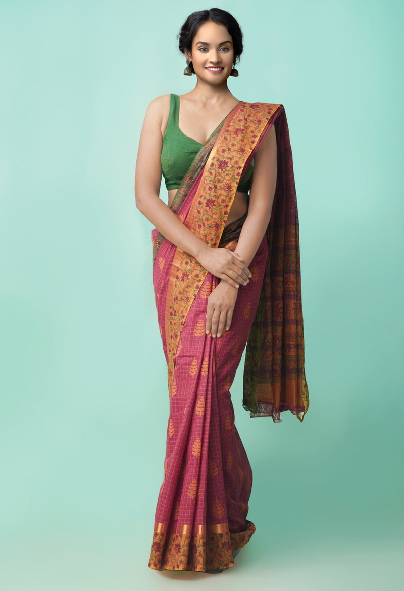 Red Pure Hand Block Printed Mangalagiri Cotton Saree-UNM59024