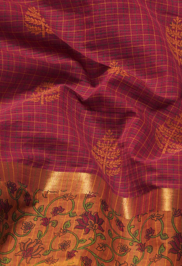 Red Pure Hand Block Printed Mangalagiri Cotton Saree-UNM59024
