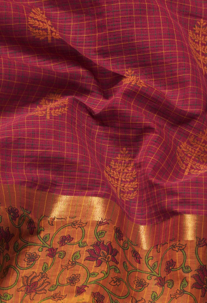 Red Pure Hand Block Printed Mangalagiri Cotton Saree-UNM59024