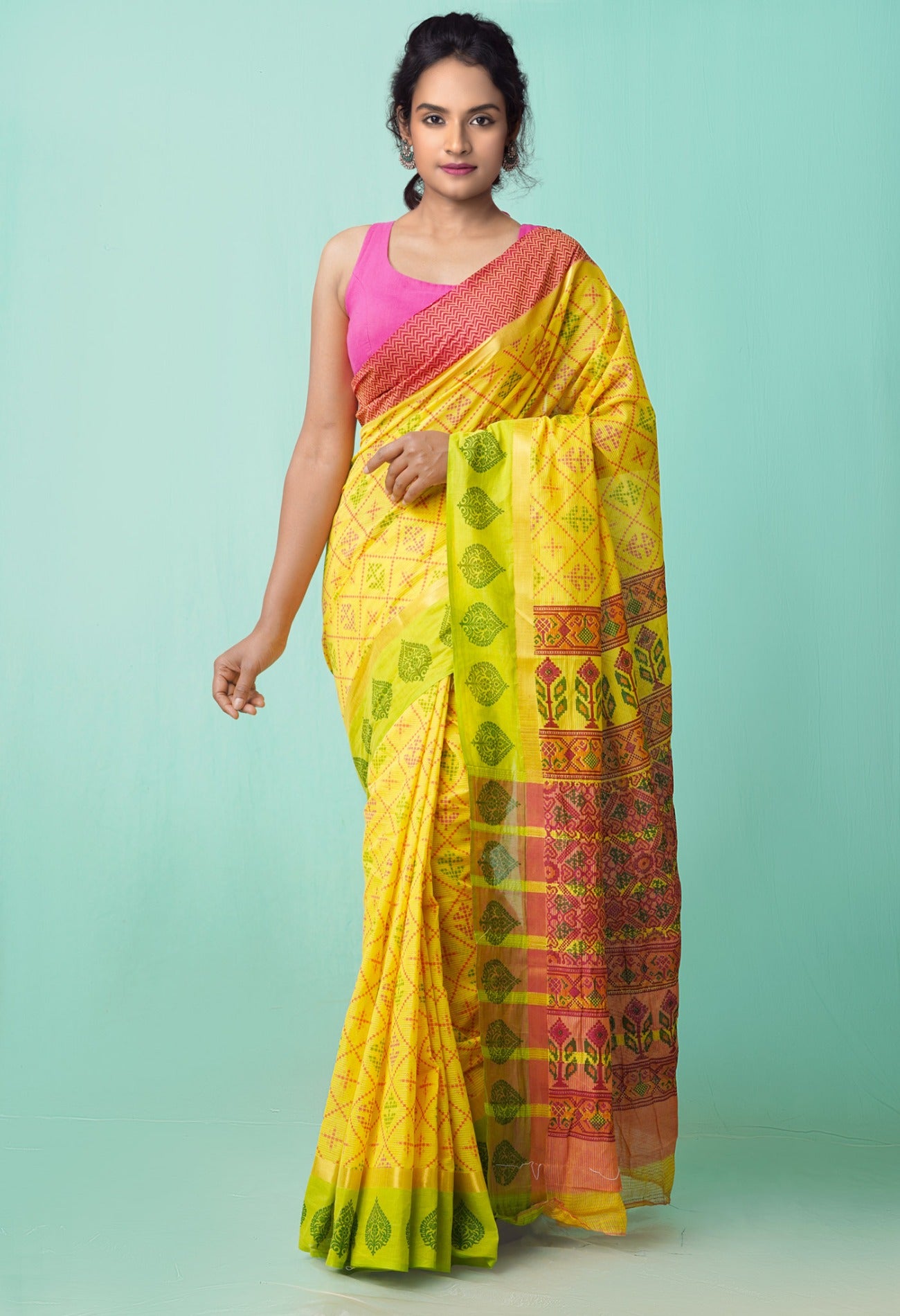 Online Shopping for Yellow Pure Hand Block Printed Mangalagiri Cotton Saree with Hand Block Prints from Andhra Pradesh at Unnatisilks.comIndia
