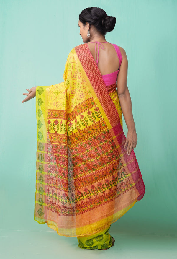 Online Shopping for Yellow Pure Hand Block Printed Mangalagiri Cotton Saree with Hand Block Prints from Andhra Pradesh at Unnatisilks.comIndia
