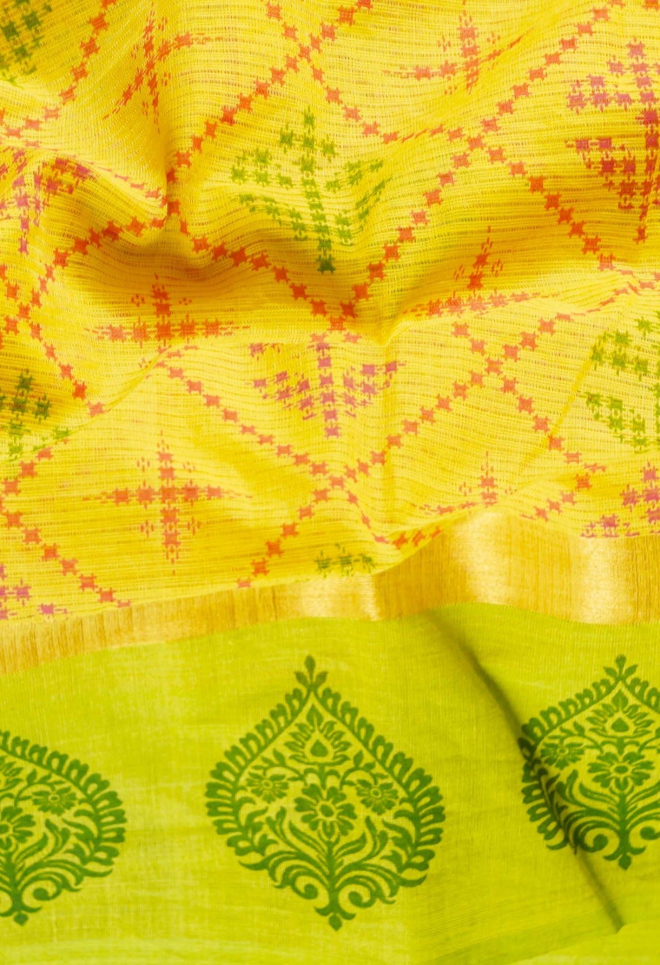 Yellow Pure Hand Block Printed Mangalagiri Cotton Saree-UNM59031