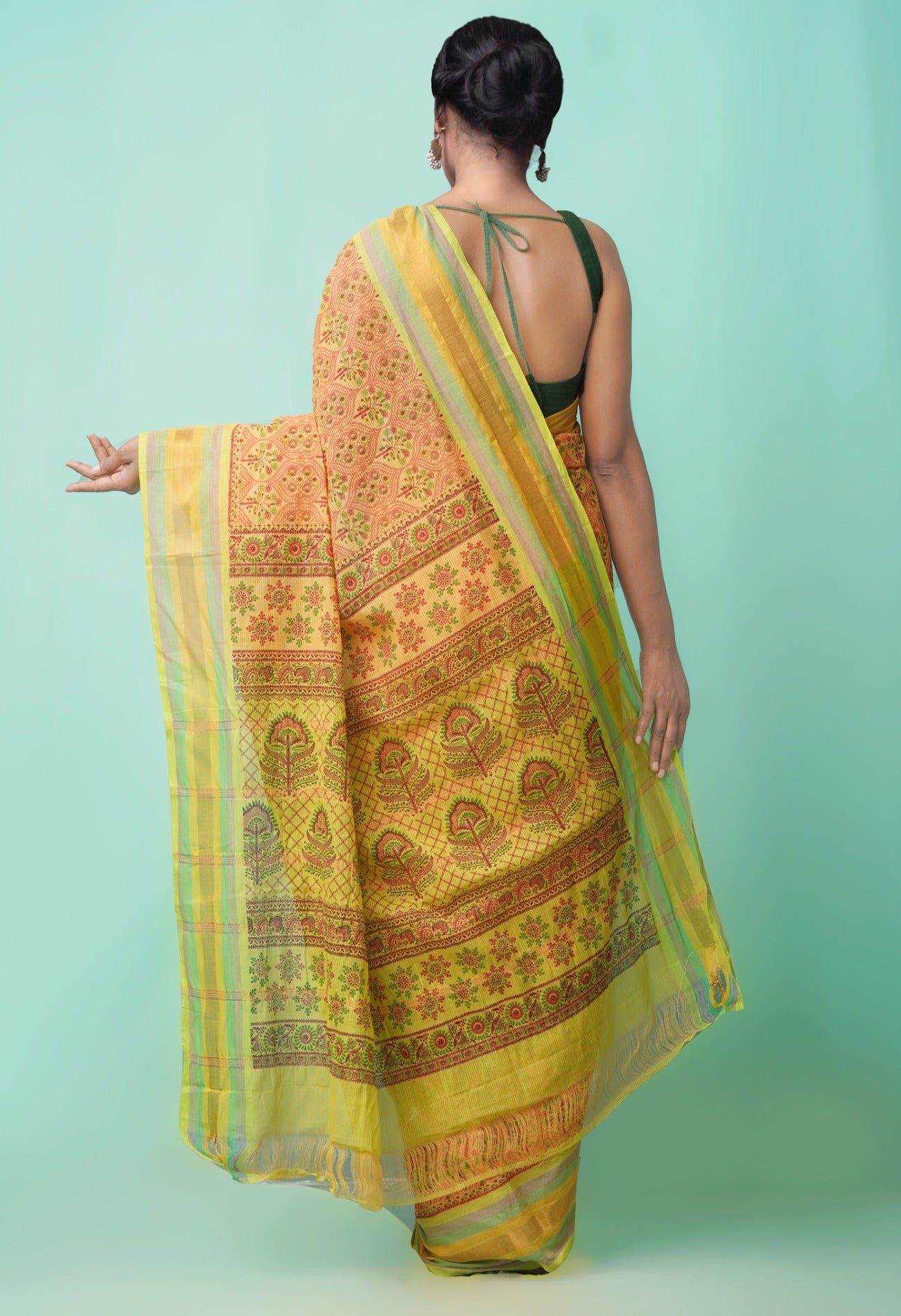Online Shopping for Yellow-Orange Pure Hand Block Printed Mangalagiri Cotton Saree with Hand Block Prints from Andhra Pradesh at Unnatisilks.comIndia
