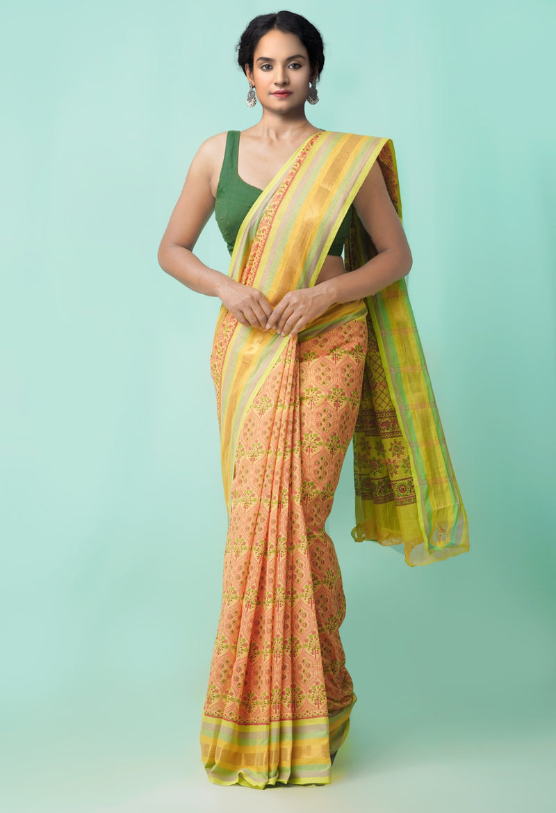 Online Shopping for Yellow-Orange Pure Hand Block Printed Mangalagiri Cotton Saree with Hand Block Prints from Andhra Pradesh at Unnatisilks.comIndia
