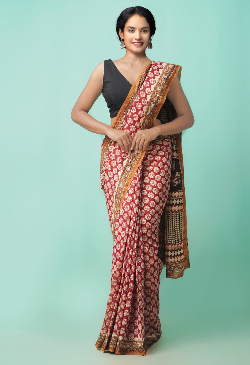 Red Pure Preet Bagru Chanderi Sico Saree-UNM59148
