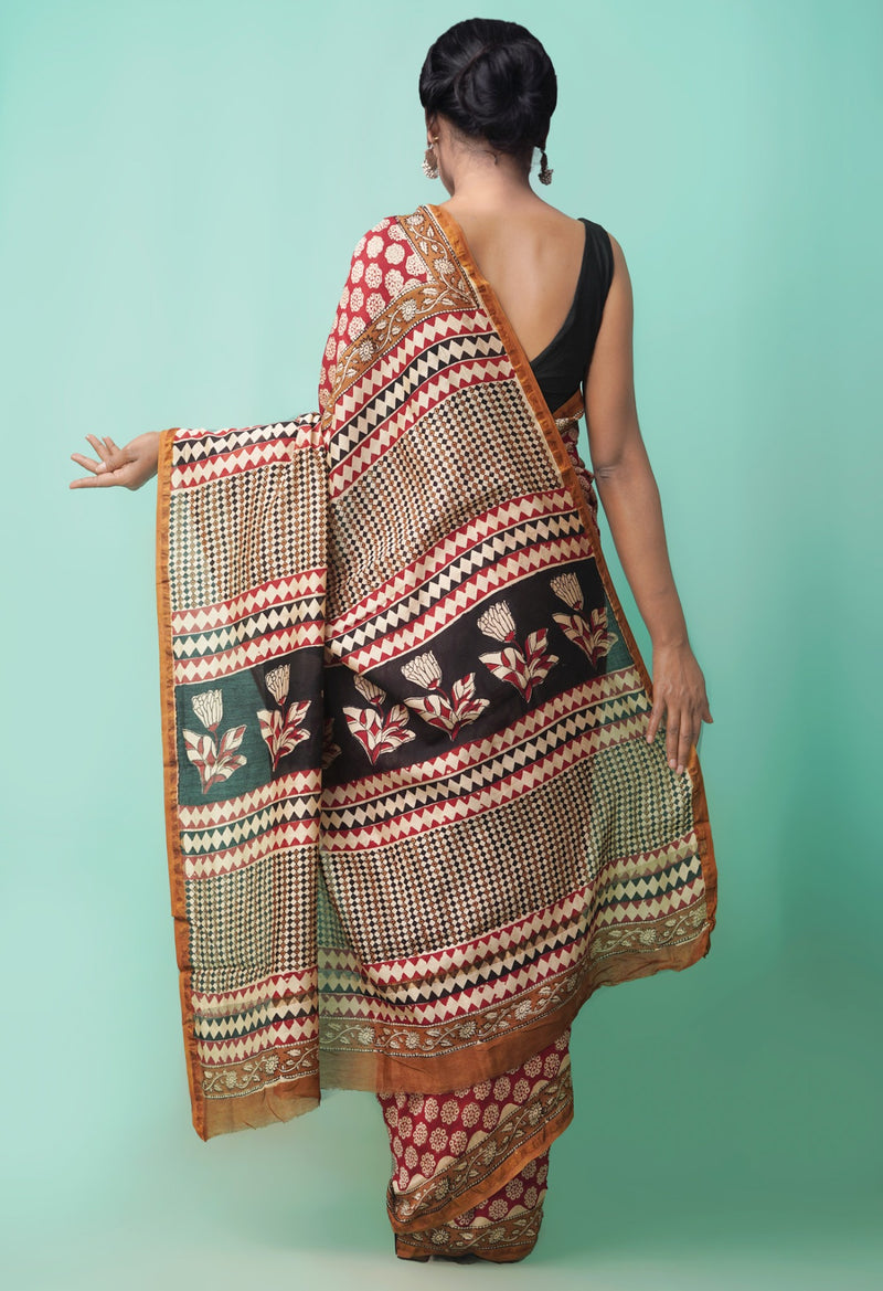 Online Shopping for Red Pure Preet Bagru Chanderi Sico Saree with Bagru from Madhya Pradesh at Unnatisilks.comIndia
