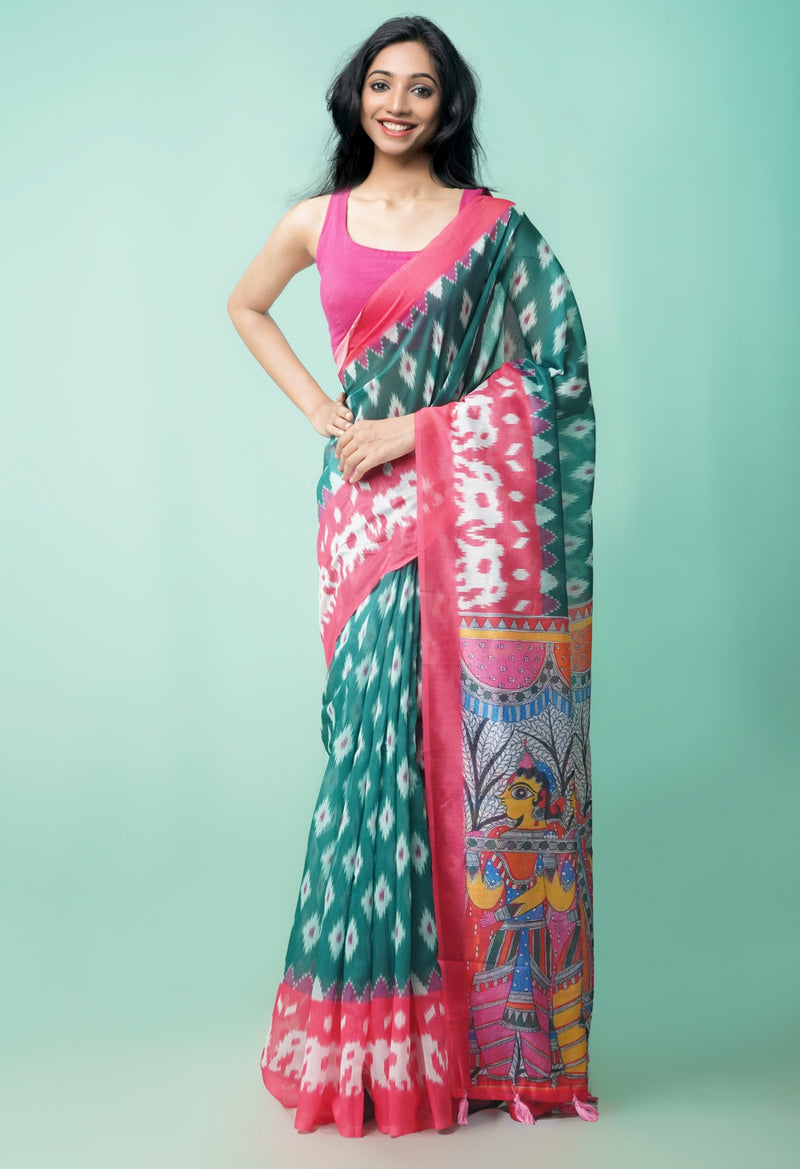 Online Shopping for Green  Digital Printed Chanderi Sico Saree with Weaving from Karnataka at Unnatisilks.comIndia
