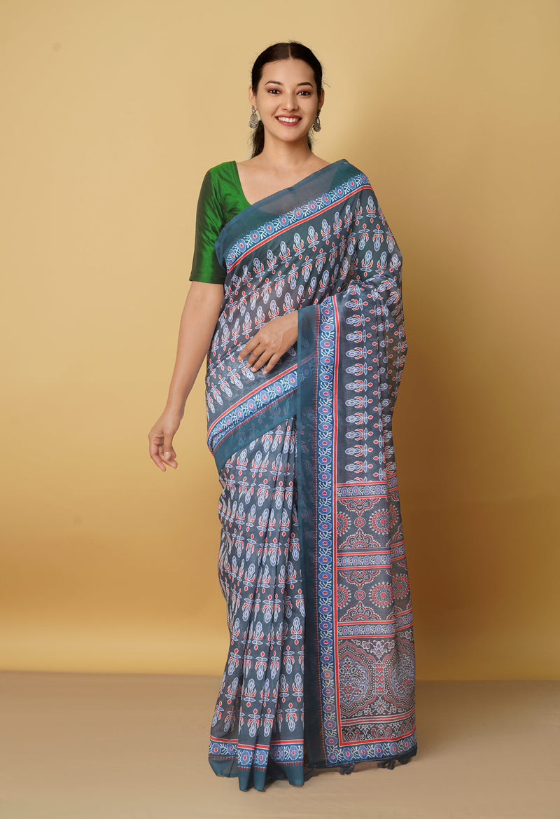 Grey  Digital Printed Chanderi Sico Saree
