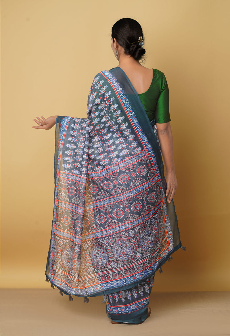Grey  Digital Printed Chanderi Sico Saree