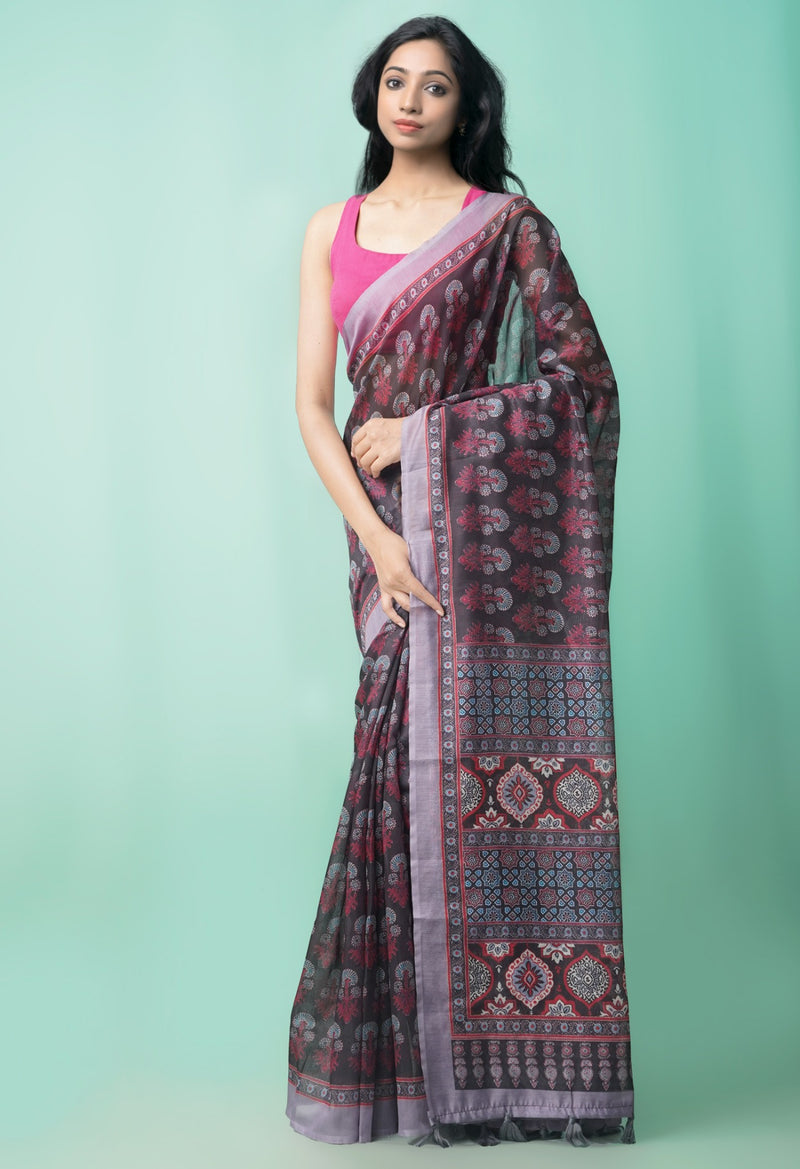 Online Shopping for Black  Digital Printed Chanderi Sico Saree with Digital Prints from Madhya Pradesh at Unnatisilks.comIndia
