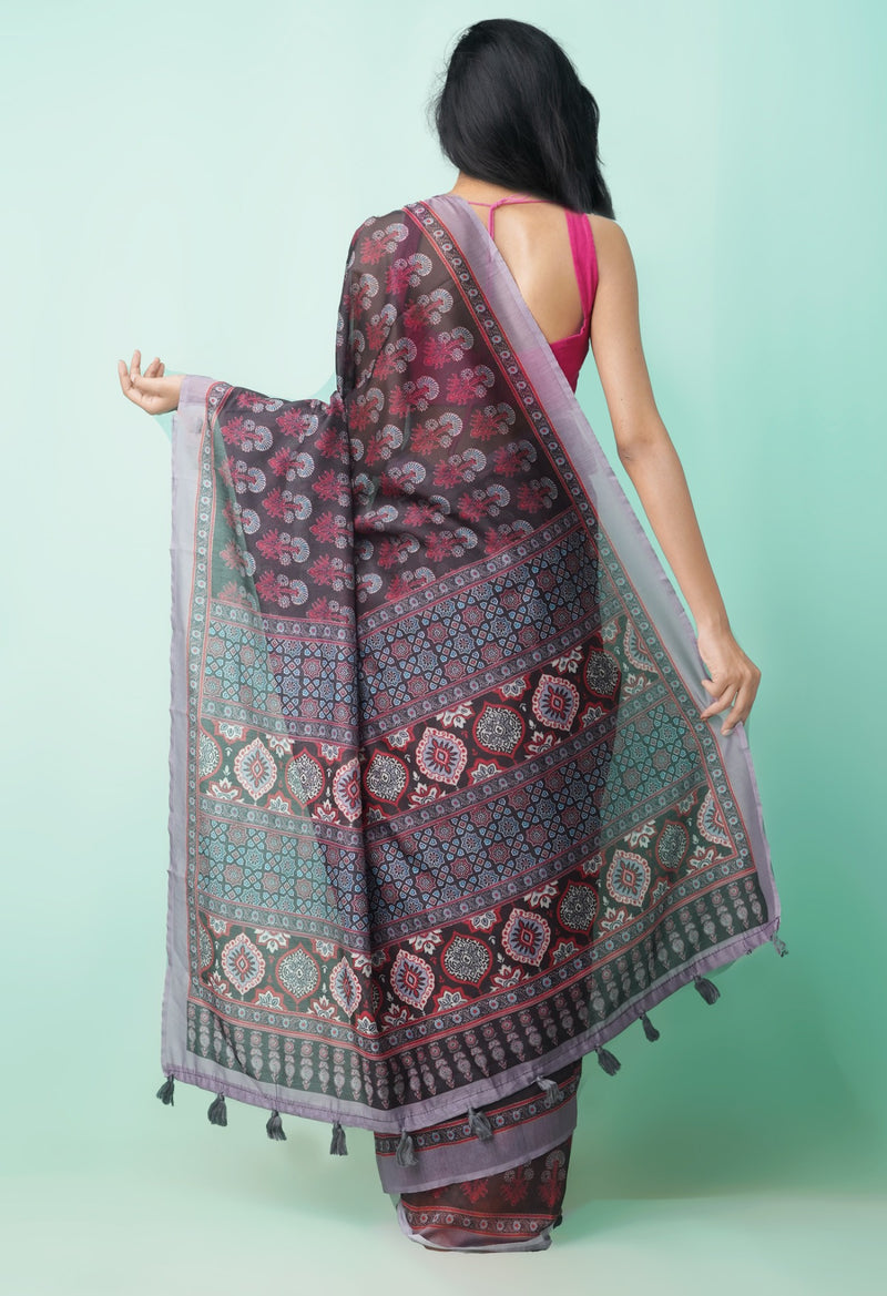 Online Shopping for Black  Digital Printed Chanderi Sico Saree with Digital Prints from Madhya Pradesh at Unnatisilks.comIndia
