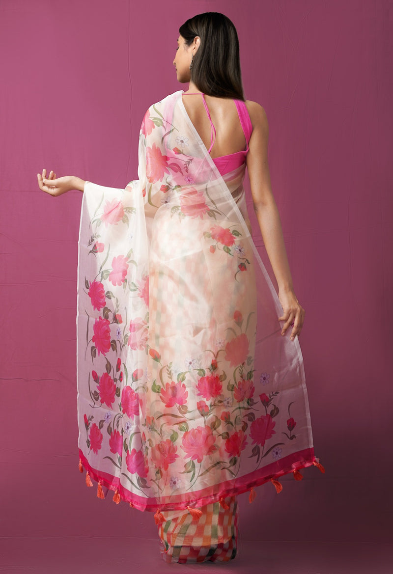 Online Shopping for Ivory  Digital Printed Organza Saree with Fancy/Ethnic Prints from Uttar Pradesh at Unnatisilks.comIndia
