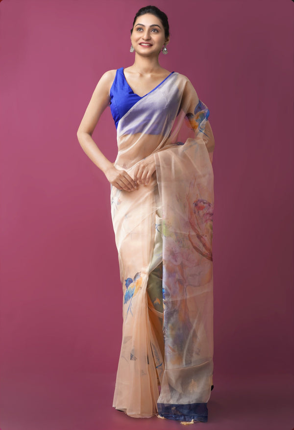 Online Shopping for Brown  Digital Printed Organza Saree with Fancy/Ethnic Prints from Uttar Pradesh at Unnatisilks.comIndia
