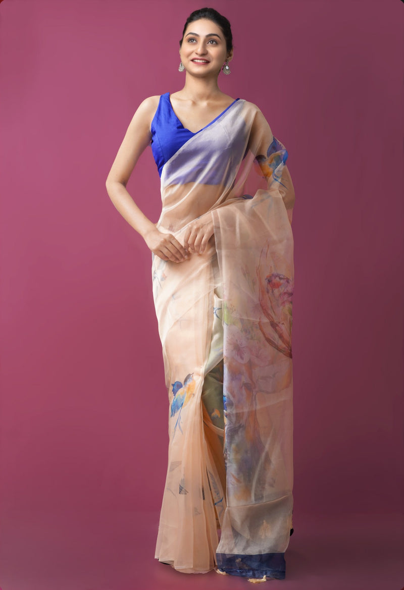 Online Shopping for Brown  Digital Printed Organza Saree with Fancy/Ethnic Prints from Uttar Pradesh at Unnatisilks.comIndia

