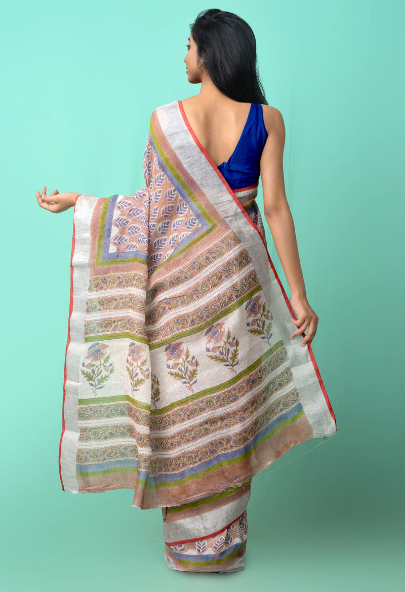 Online Shopping for Brown Pure Shantanu Block Printed Linen Saree with Weaving from Chhattisgarh at Unnatisilks.comIndia
